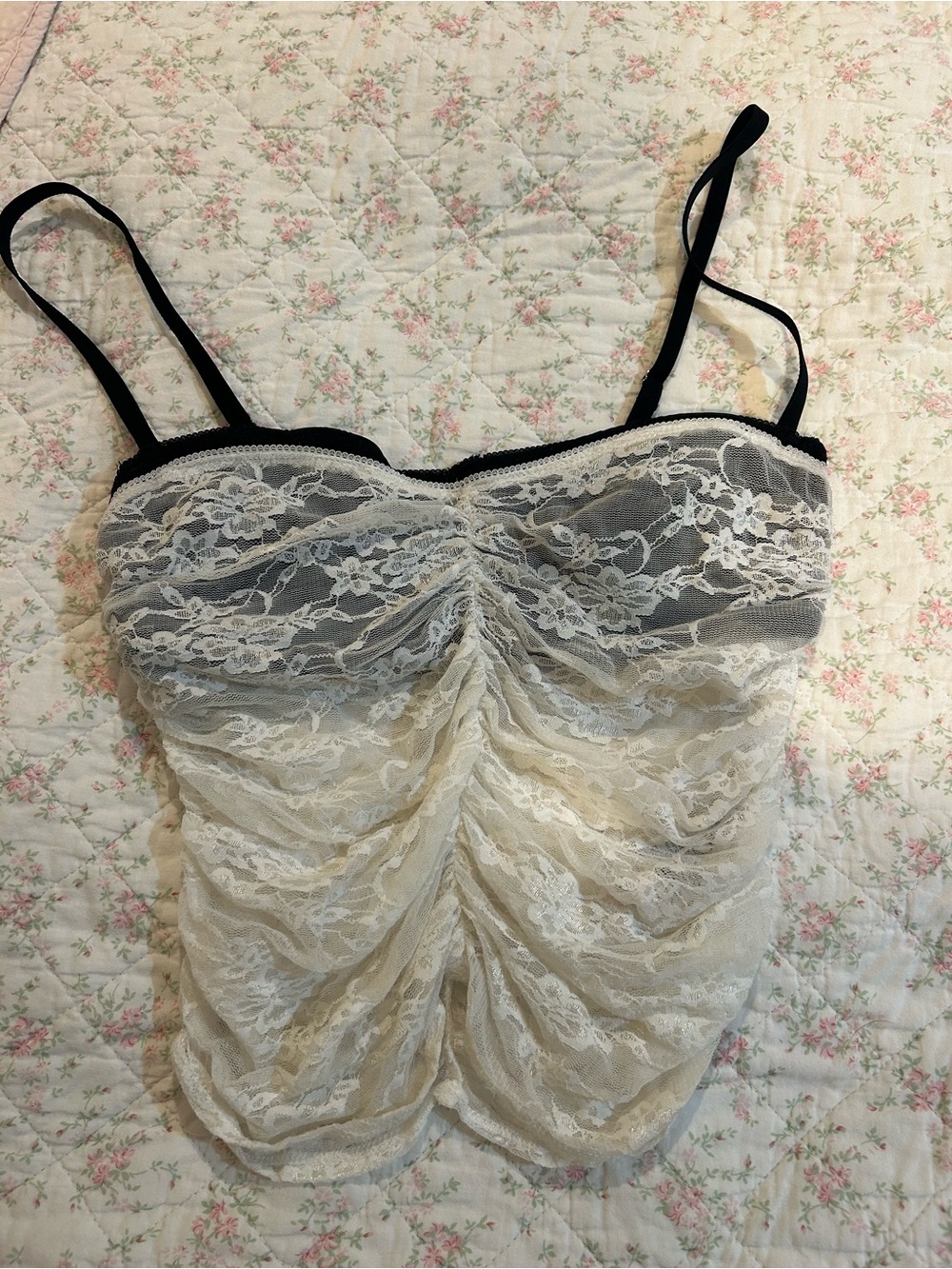 Edikted Lace Ruched Cami Tank Top in Ivory with Black Trim